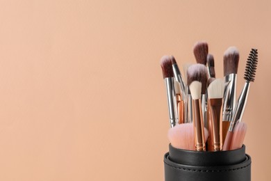 Photo of Set of professional makeup brushes on beige background, closeup. Space for text