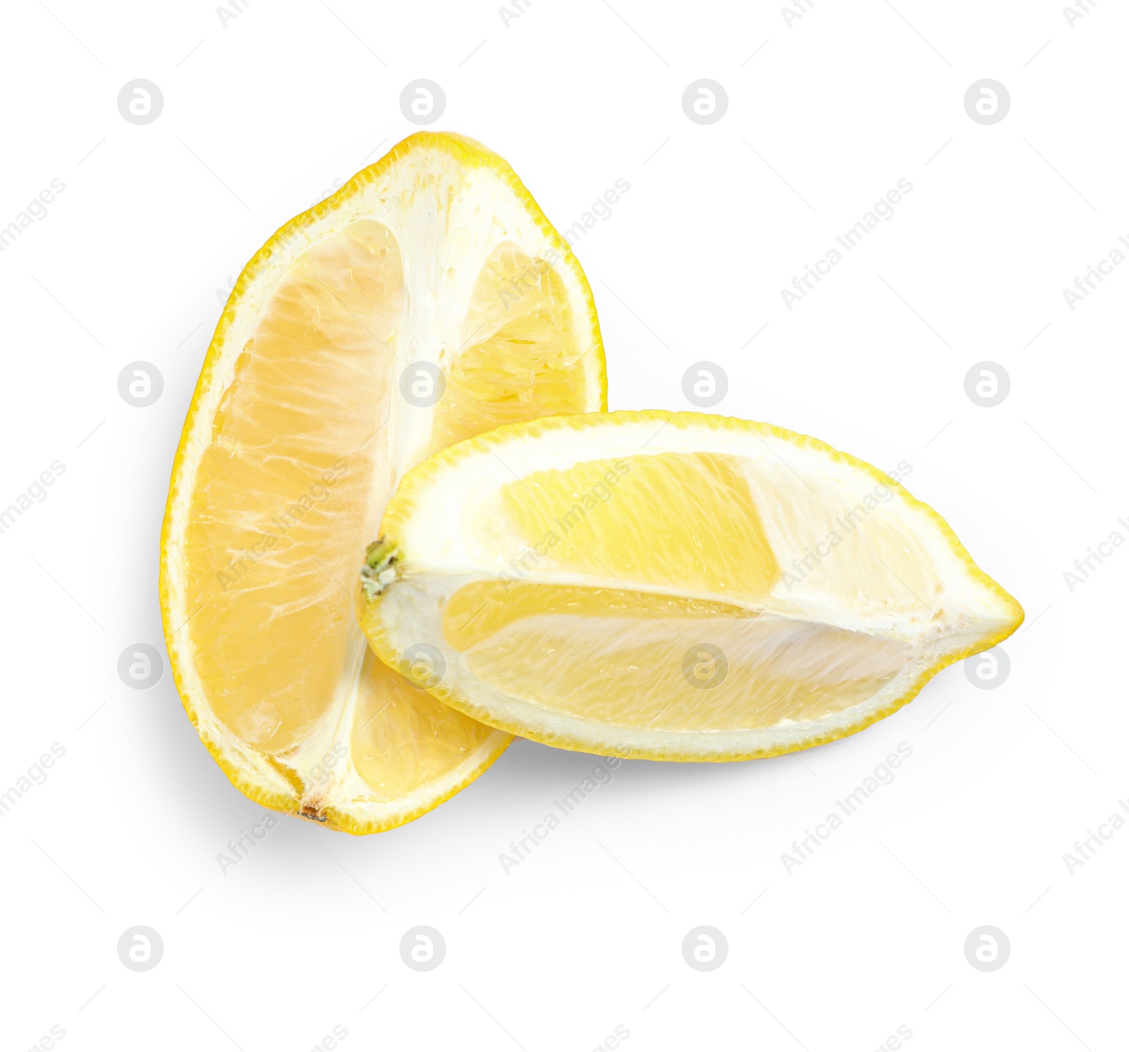 Photo of Fresh ripe lemon slices on white background, top view