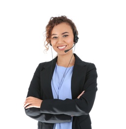 African-American technical support operator with headset isolated on white