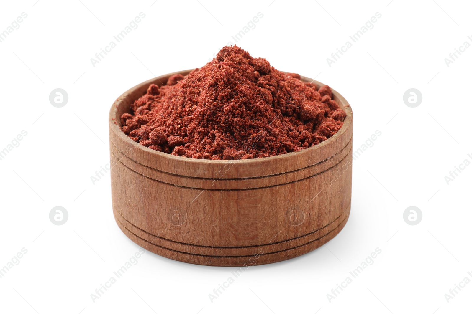 Photo of Dried cranberry powder in bowl isolated on white