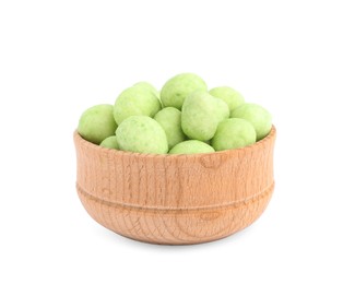 Photo of Tasty wasabi coated peanuts in wooden bowl on white background