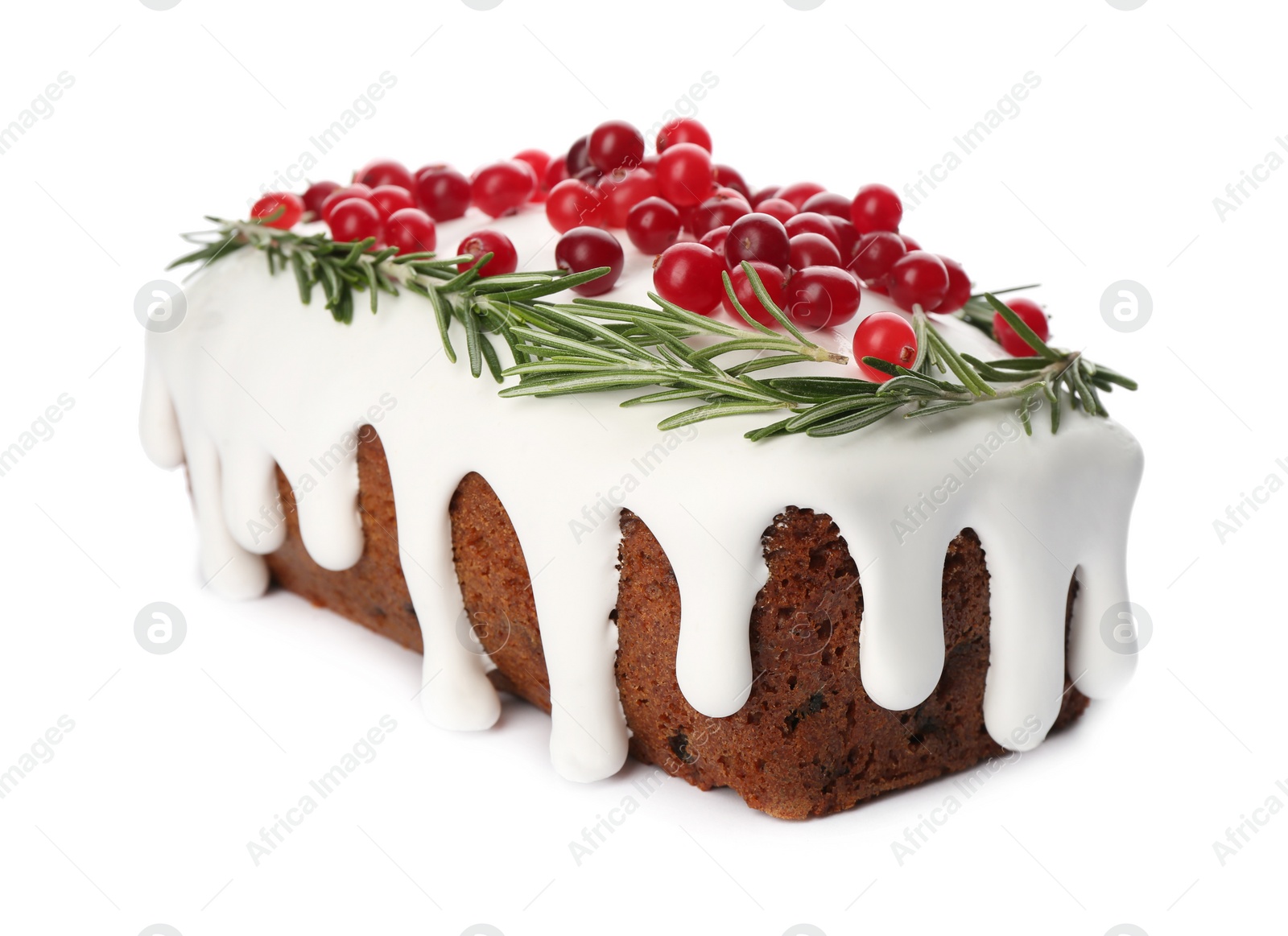 Photo of Traditional classic Christmas cake decorated with cranberries and rosemary isolated on white