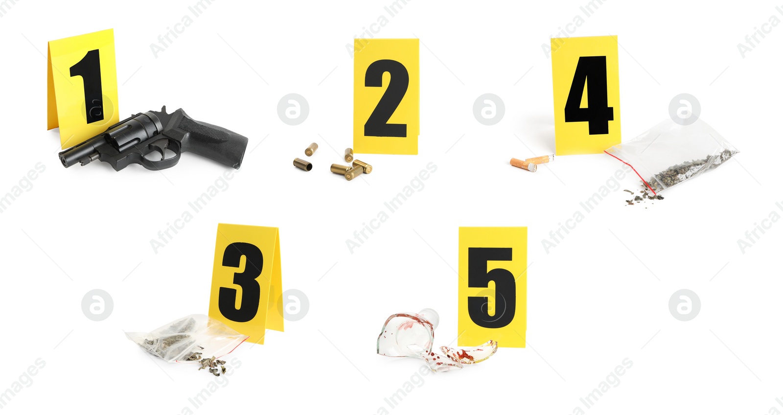 Image of Crime scene investigation. Set of evidence identification markers and clues on white background