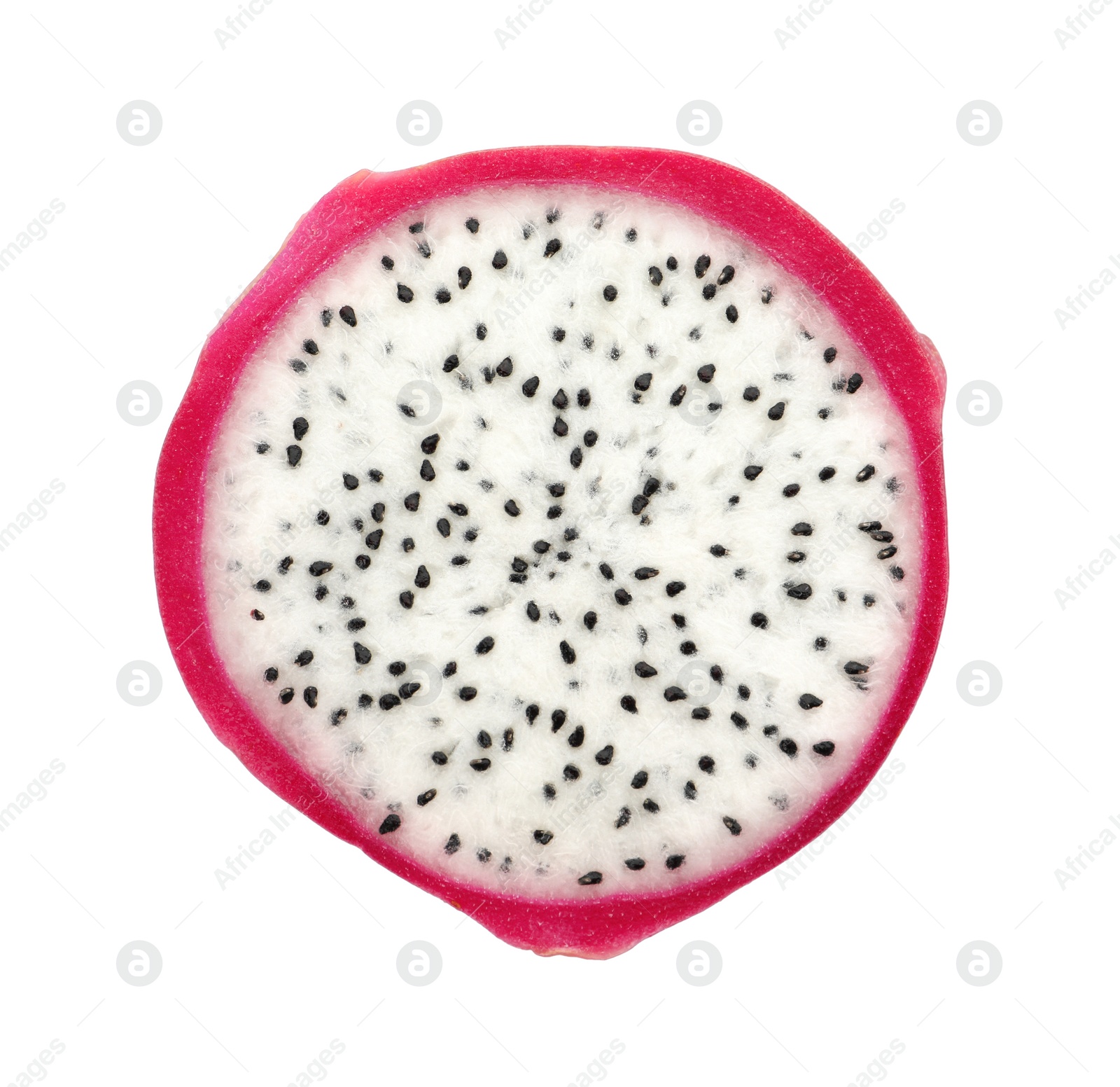Photo of Slice of delicious ripe dragon fruit (pitahaya) on white background, top view