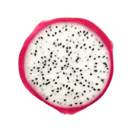 Slice of delicious ripe dragon fruit (pitahaya) on white background, top view