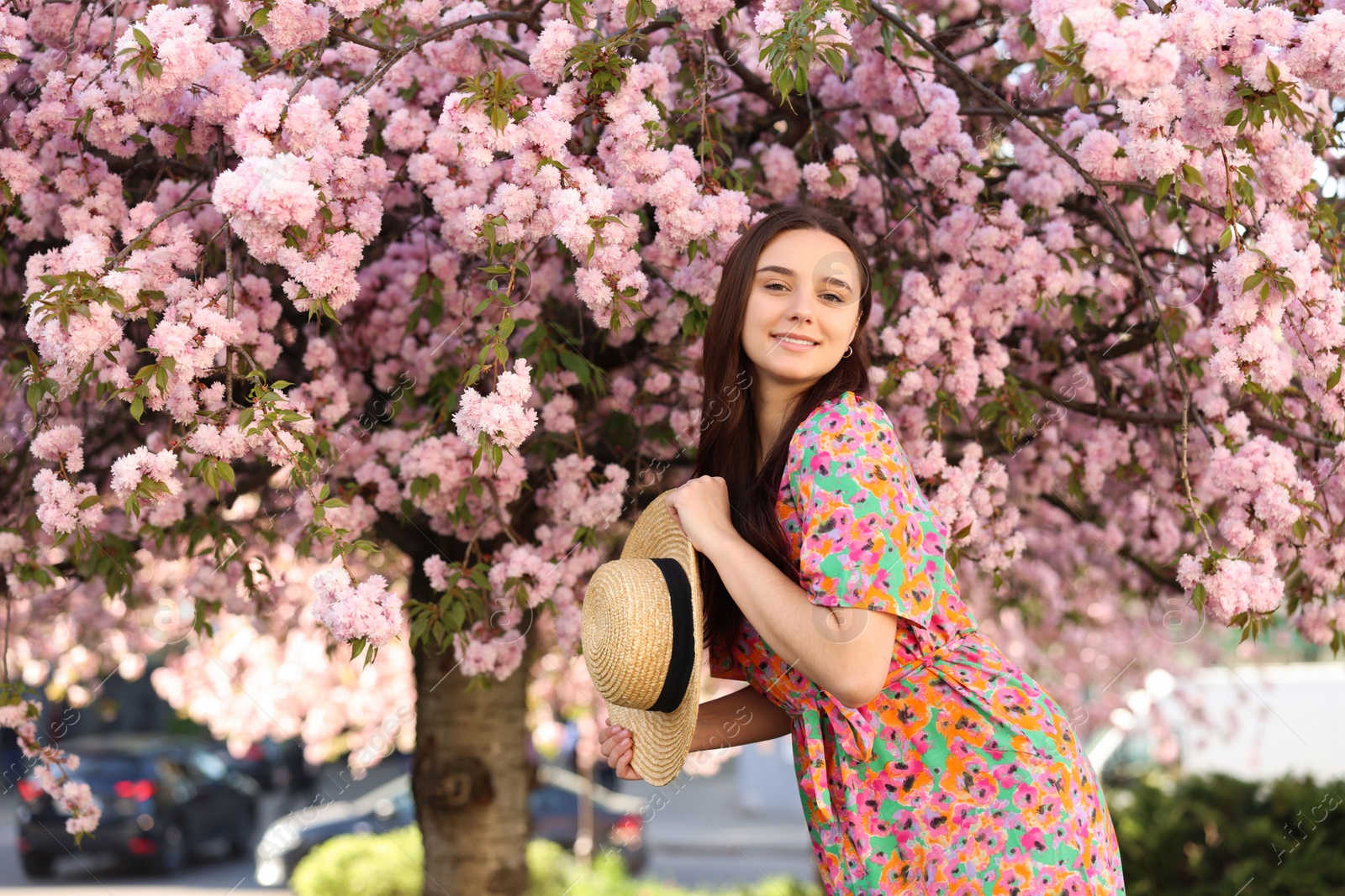 Photo of Beautiful woman with straw hat near blossoming tree on spring day