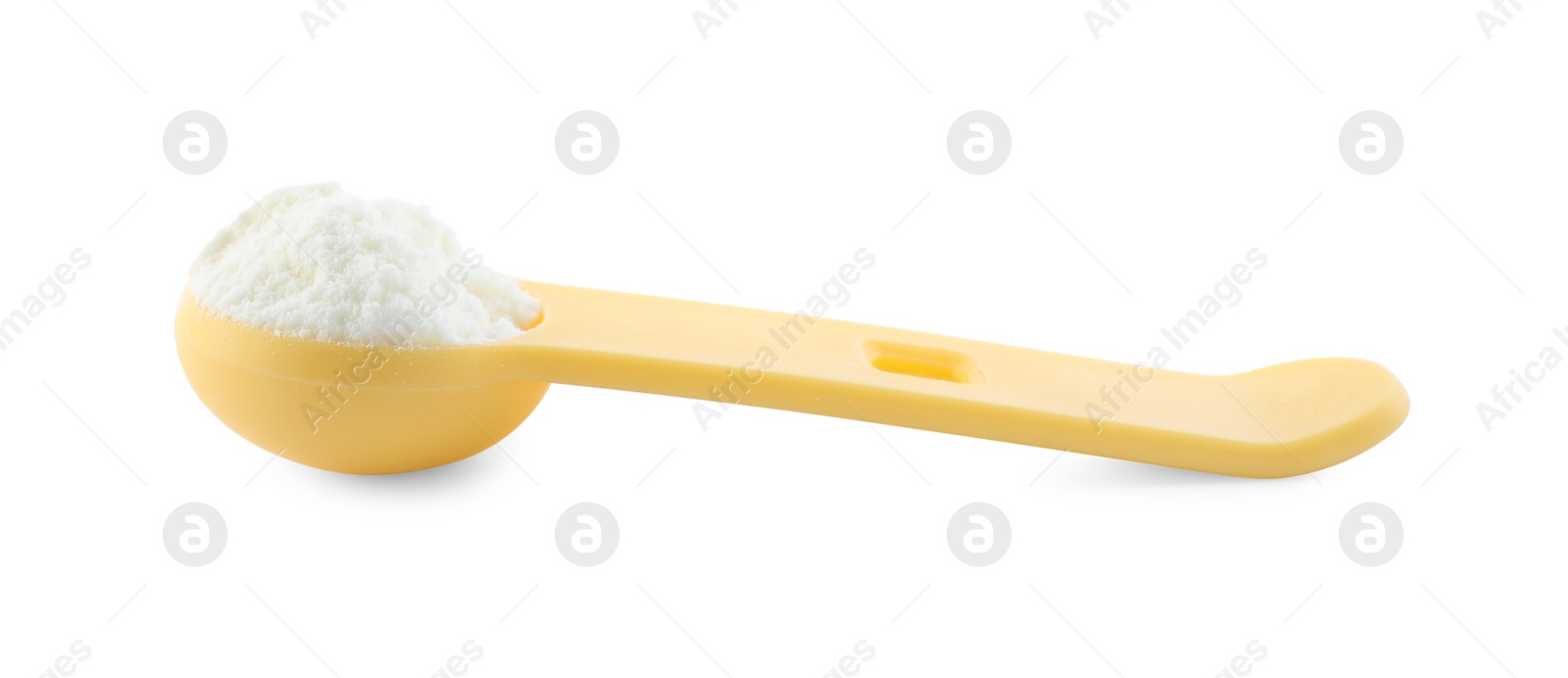 Photo of Measuring scoop of powdered infant formula isolated on white. Baby milk