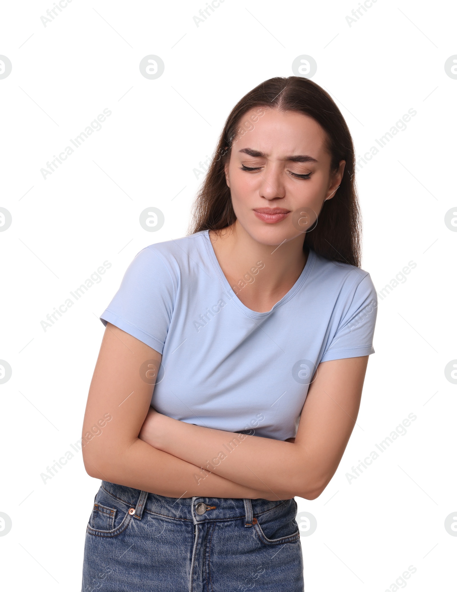 Photo of Woman suffering from abdominal pain on white background. Unhealthy stomach