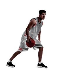 Image of Silhouette of professional sportsman playing basketball on white background