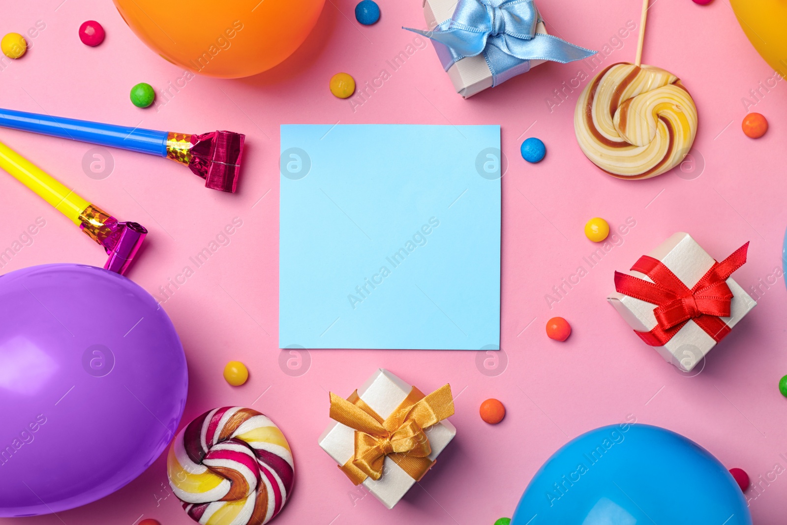 Photo of Flat lay composition with birthday party items on color background