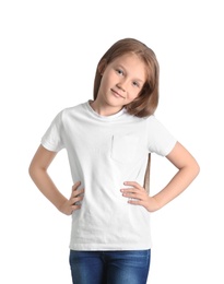 Little girl in t-shirt on white background. Mockup for design