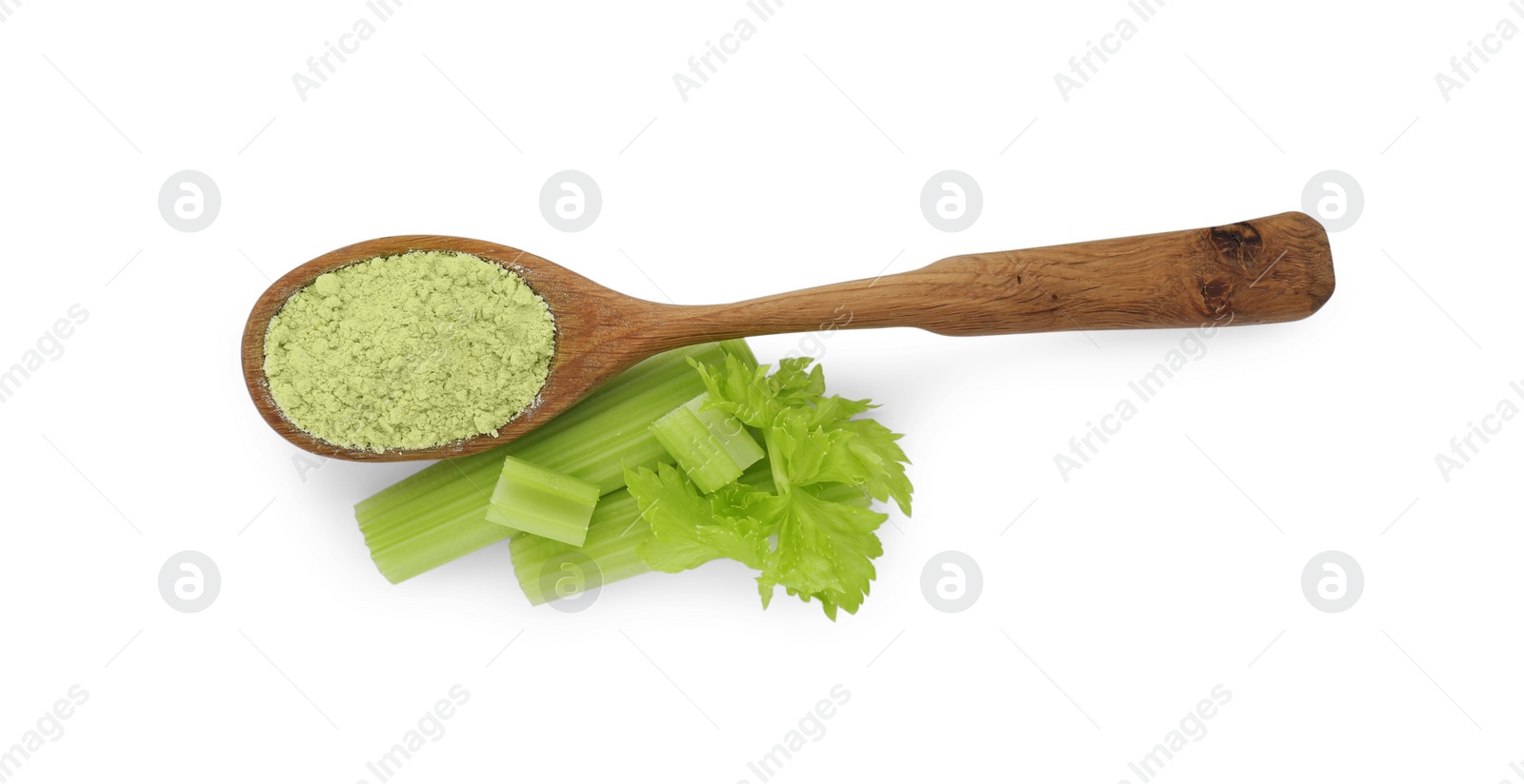 Photo of Wooden spoon of celery powder and fresh cut stalk isolated on white, top view