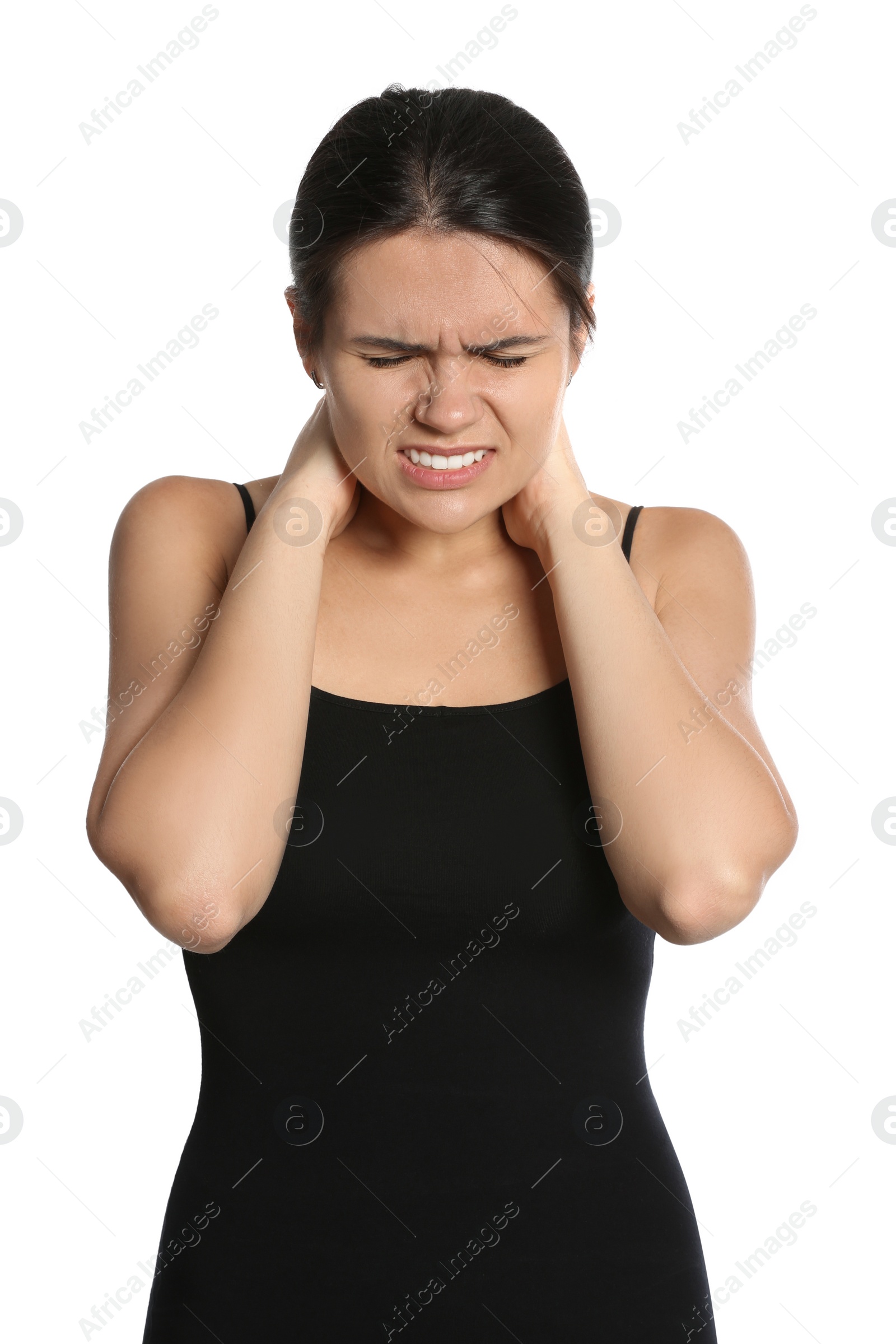 Photo of Young woman suffering from neck pain on white background