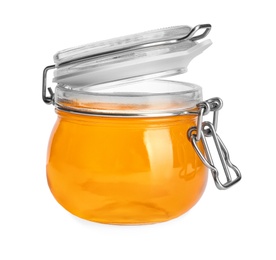 Tasty jelly dessert in glass jar on white background