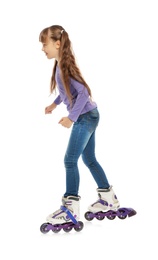Photo of Little girl with inline roller skates on white background