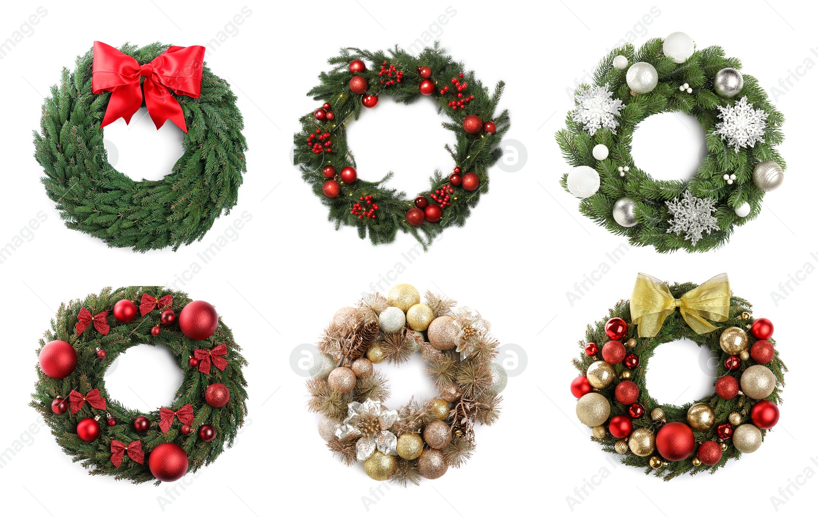 Image of Different beautiful Christmas wreaths isolated on white, collection