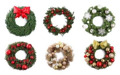 Image of Different beautiful Christmas wreaths isolated on white, collection