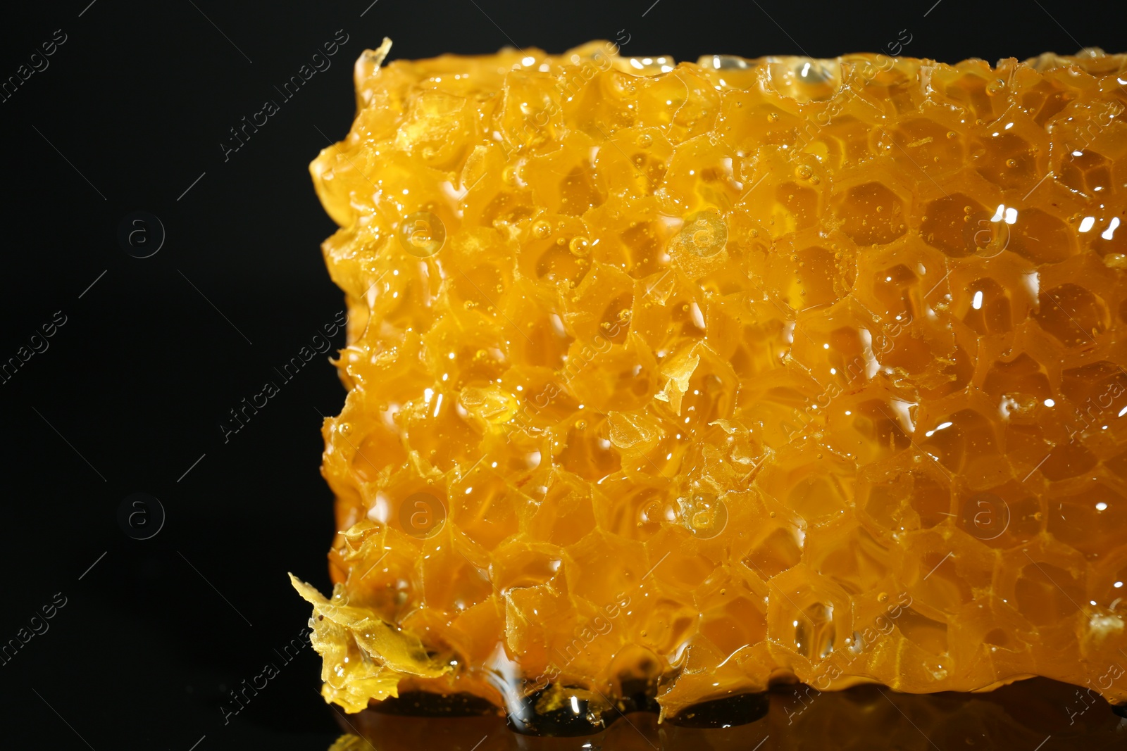 Photo of Piece of natural honeycomb with tasty honey on black background, closeup