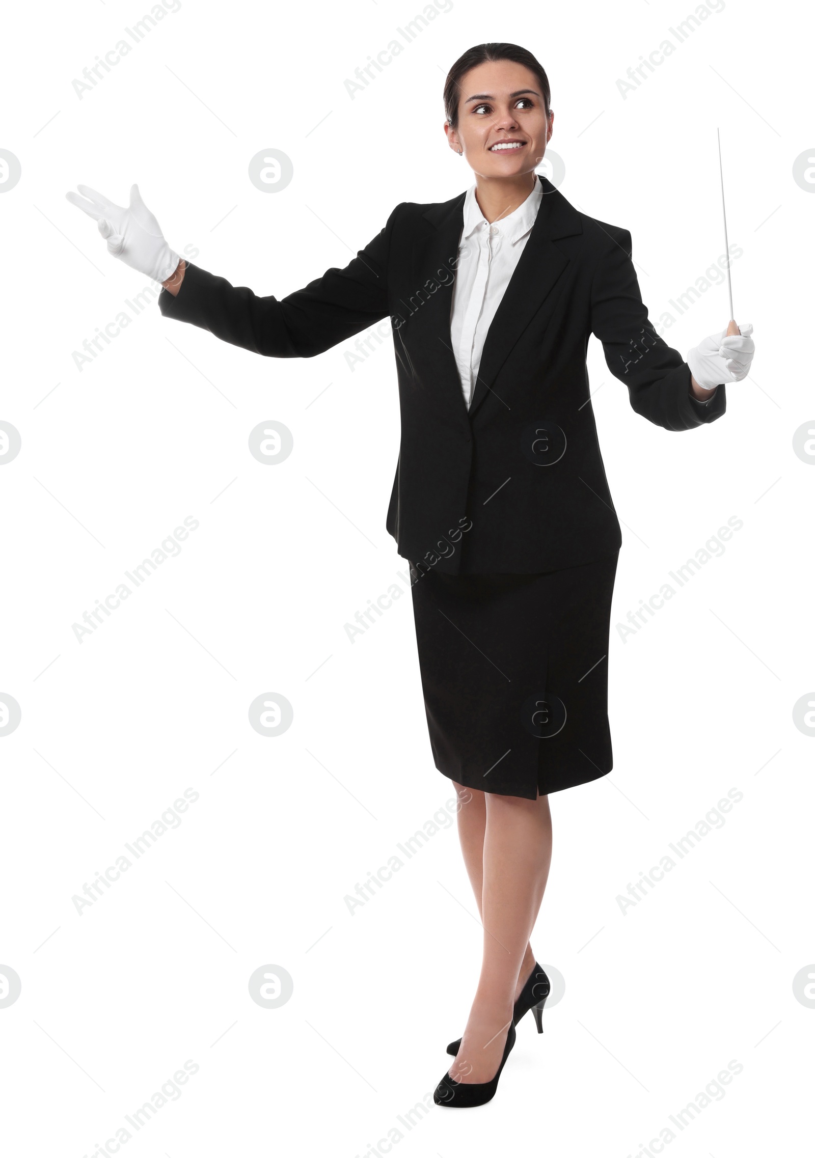 Photo of Happy young conductor with baton on white background