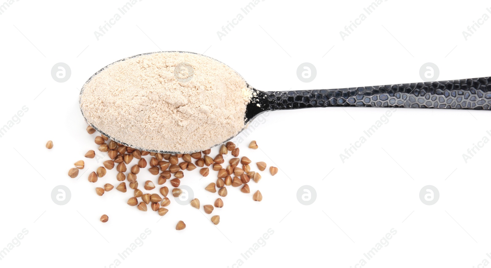 Photo of Spoon of buckwheat flour and grains on white background, top view