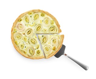 Tasty leek pie with cake server isolated on white, top view