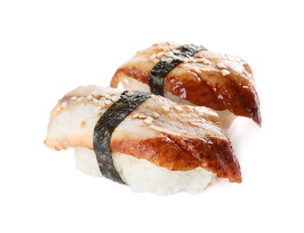 Delicious nigiri sushi with smoked eel isolated on white