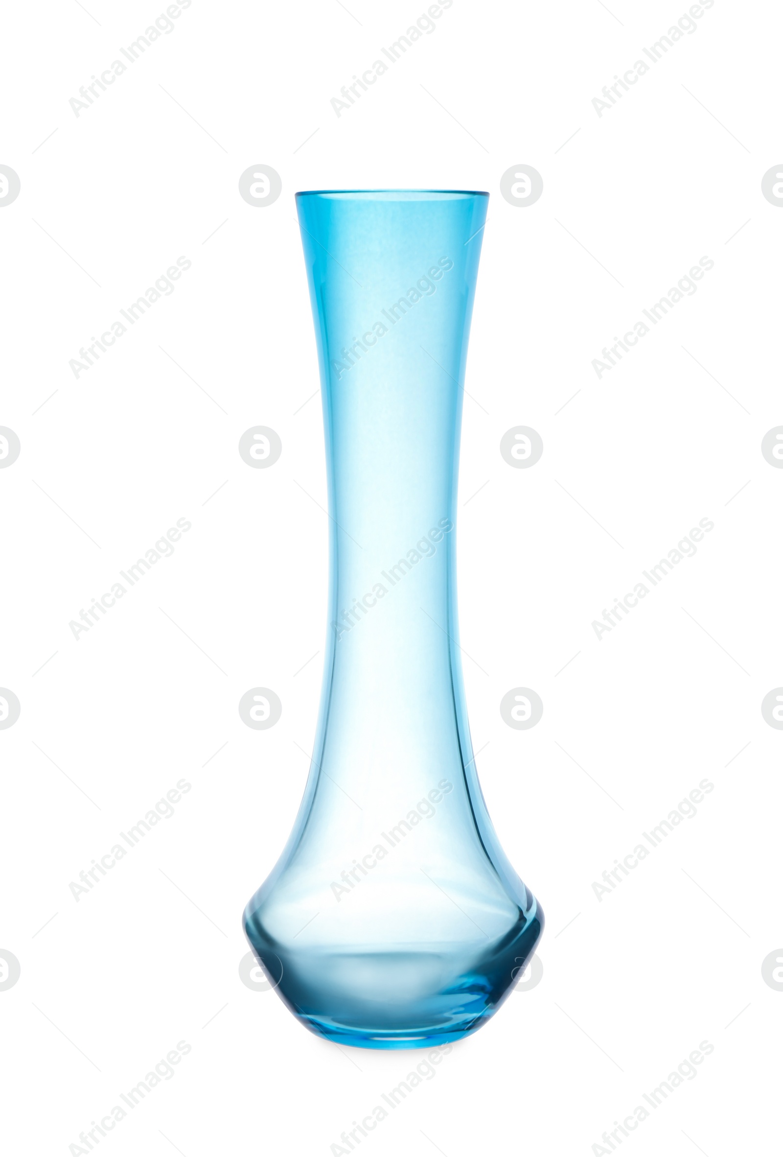 Photo of Empty transparent blue vase isolated on white