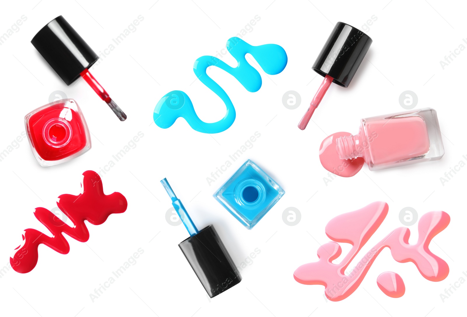 Image of Collage of different nail polishes on white background