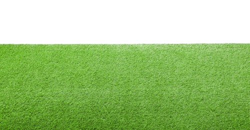 Photo of Green artificial grass surface isolated on white