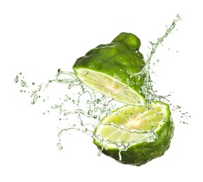 Image of Fresh ripe bergamot fruit and splashing water on white background