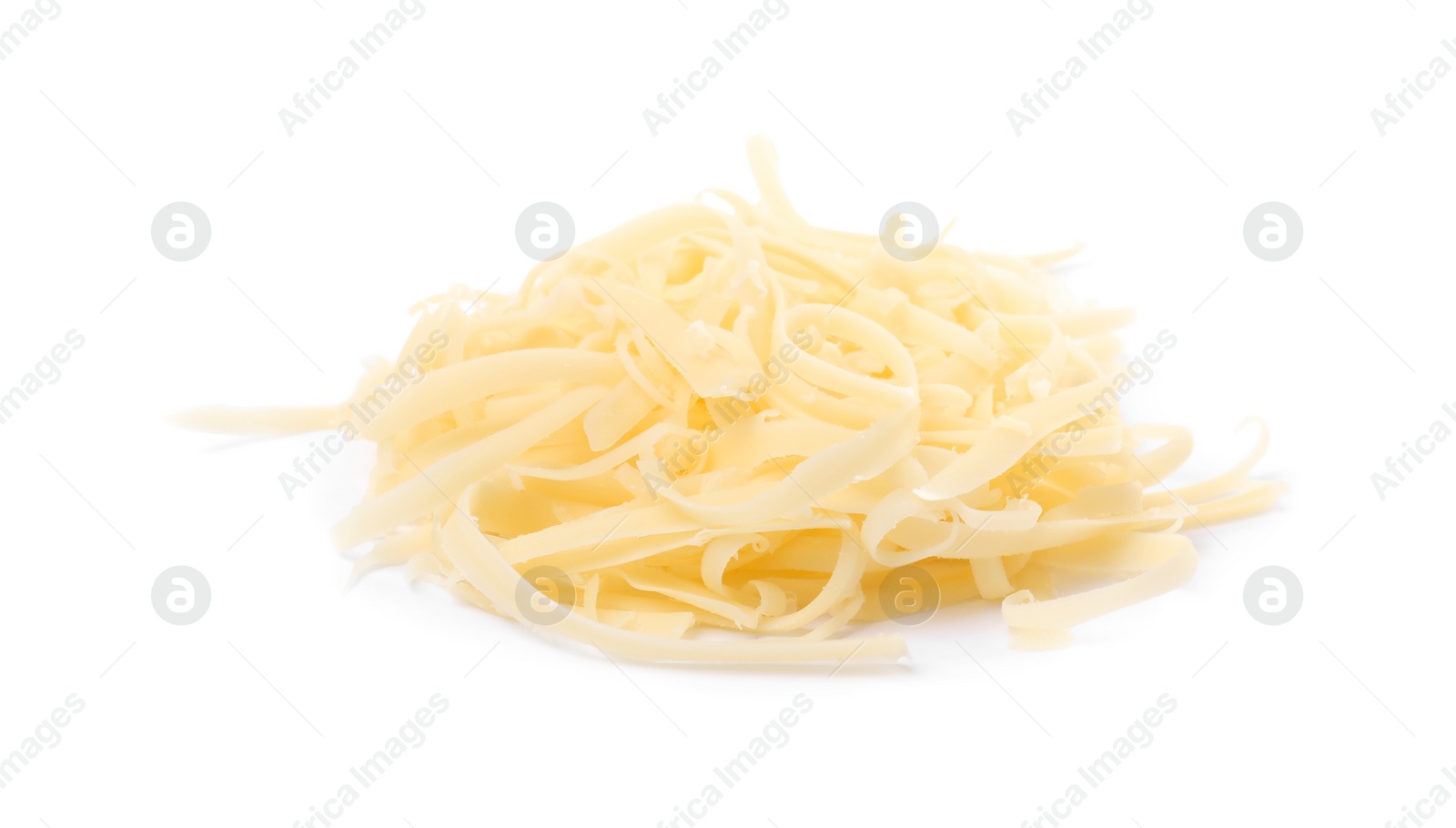 Photo of Pile of tasty grated cheese isolated on white