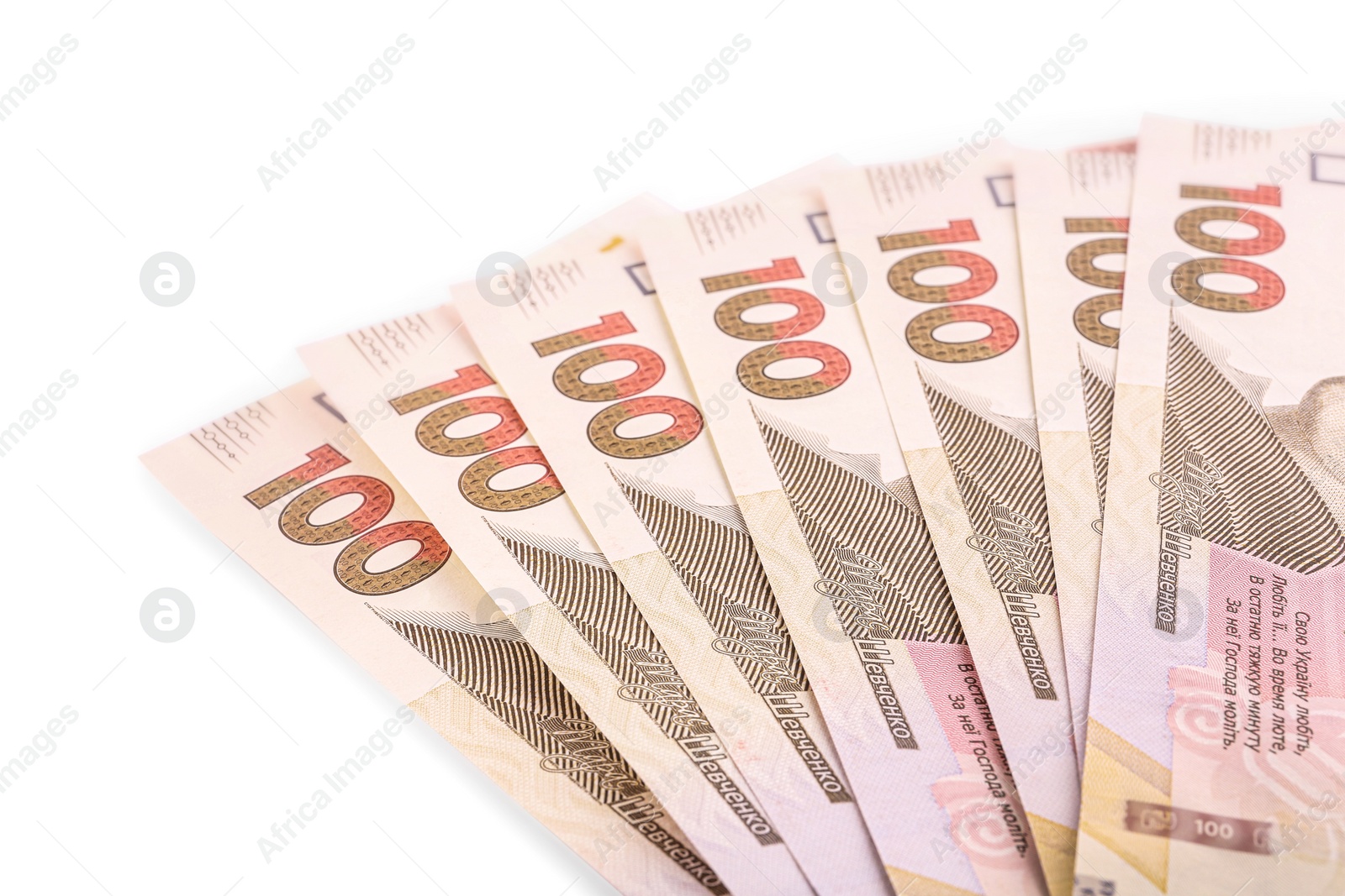 Photo of 100 Ukrainian Hryvnia banknotes on white background, closeup