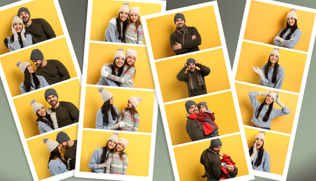 Image of Set of family photos from winter vacation on light background 