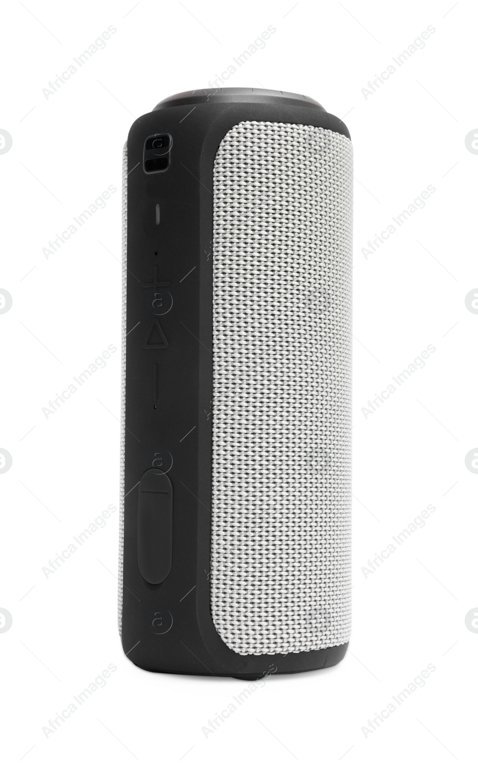 Photo of One portable bluetooth speaker isolated on white. Audio equipment