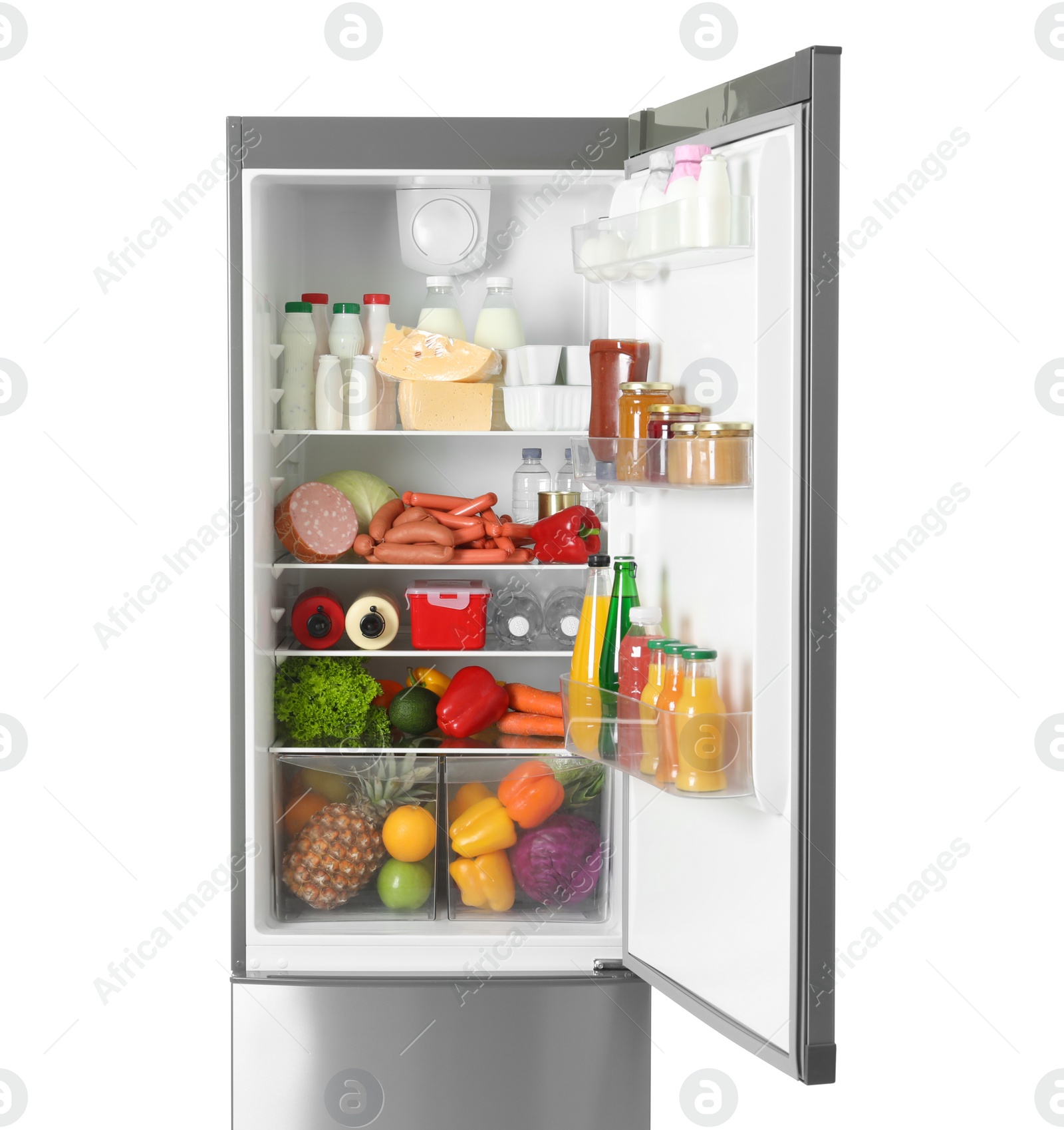 Photo of Open refrigerator with many different products on white background