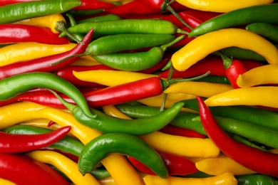 Photo of Ripe hot chili peppers as background, closeup