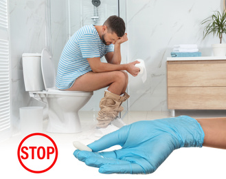 Image of Doctor holding suppository for hemorrhoid treatment and man sitting on toilet bowl in rest room