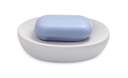Photo of Holder with soap bar on white background