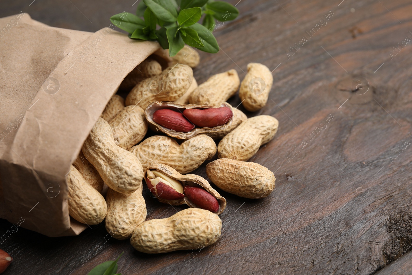 Photo of Paper bag with fresh peanuts and leaves on wooden table, closeup. Space for text