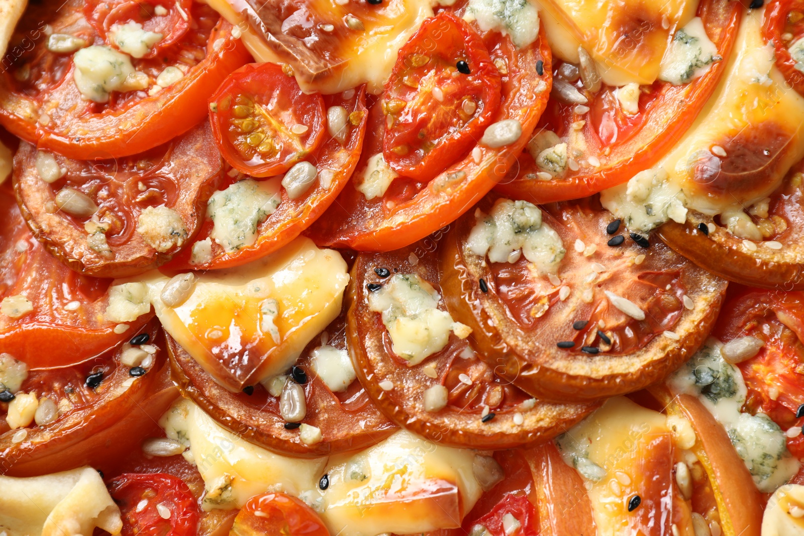 Photo of Tasty galette with tomato and cheese (Caprese galette) as background, top view