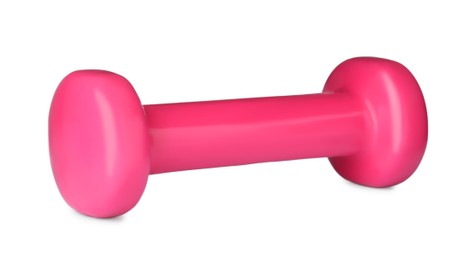 Photo of Pink dumbbell isolated on white. Weight training equipment