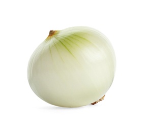 Photo of Fresh peeled onion bulb on white background