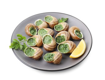 Delicious cooked snails with parsley and lemon isolated on white