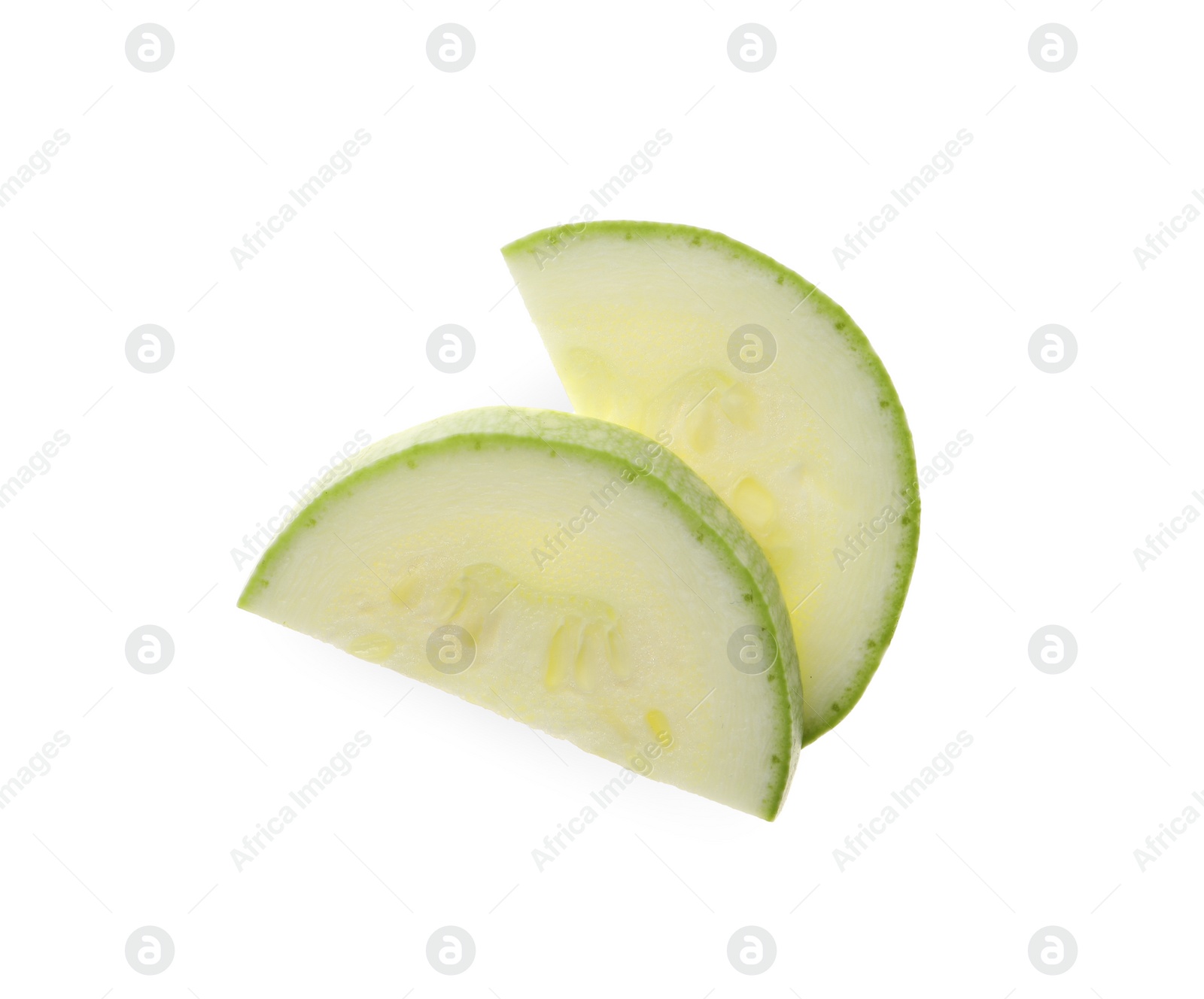 Photo of Slices of ripe zucchini on white background, top view