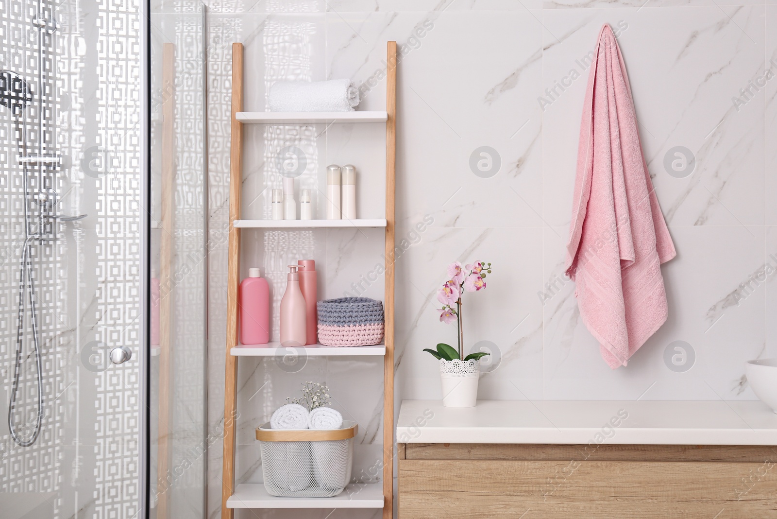 Photo of Modern bathroom interior with decorative ladder and shower stall