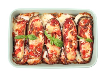 Photo of Baked eggplant with tomatoes, cheese and basil in dishware isolated on white, top view