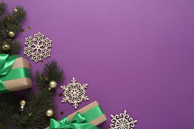 Flat lay composition with gifts on purple background, space for text. Boxing day concept