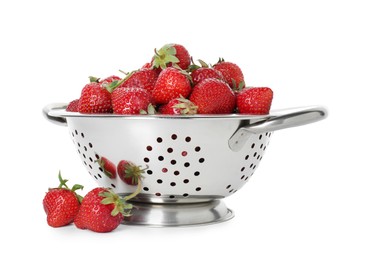 Photo of Metal colander with fresh strawberries isolated on white