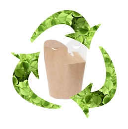 Paper box and recycling symbol on white background