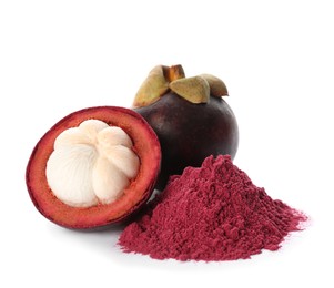 Photo of Mangosteen powder and fruits on white background